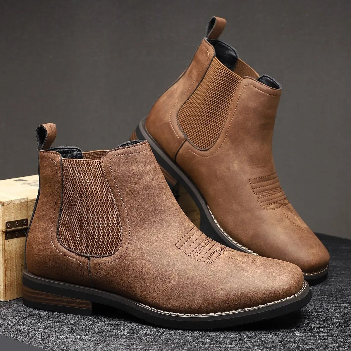 Harry | Men's Slip-On Elasticated Western-Stitch Chelsea Boots - Chestnut Brown
