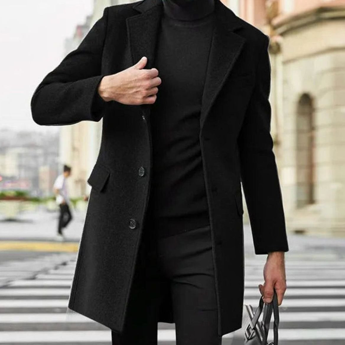 Harry | Men's Tailored Single-Breasted Notch Lapel Long Overcoat - Black