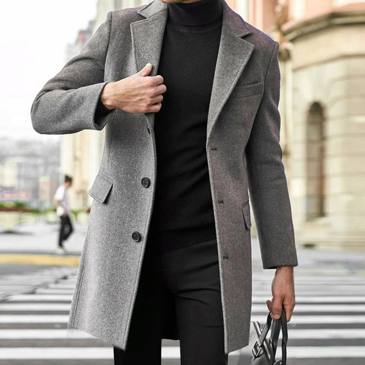 Harry | Men's Tailored Single-Breasted Notch Lapel Long Overcoat - Grey