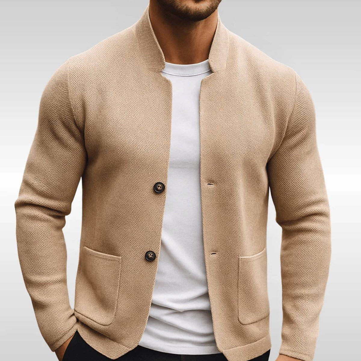 Henry | Men's Relaxed-Fit Mandarin-Collar Button-Front Knit Blazer - Beige