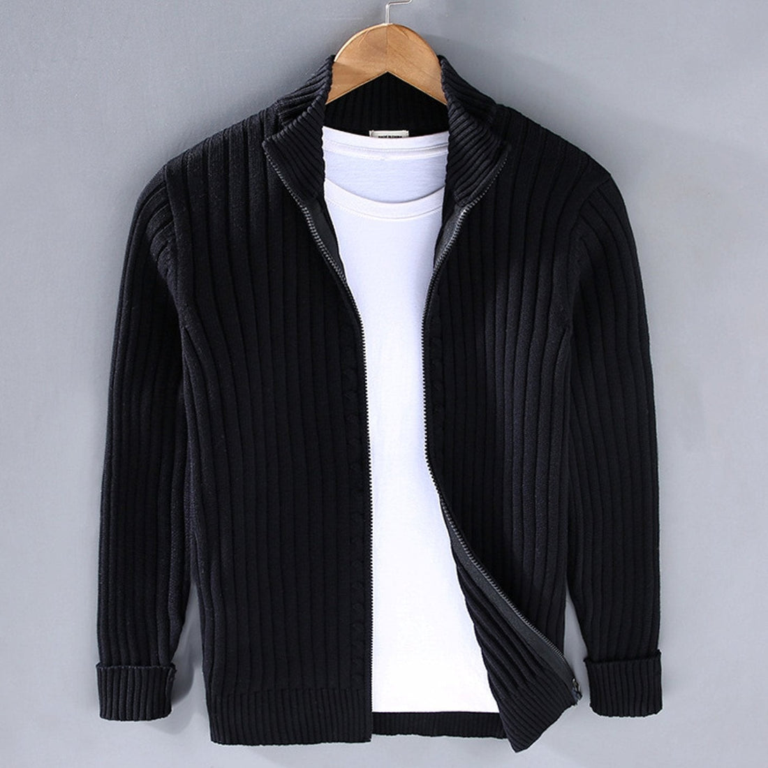 Hugo | Men's Relaxed-Fit Stand-Collar Full-Zip Ribbed Cardigan - Black