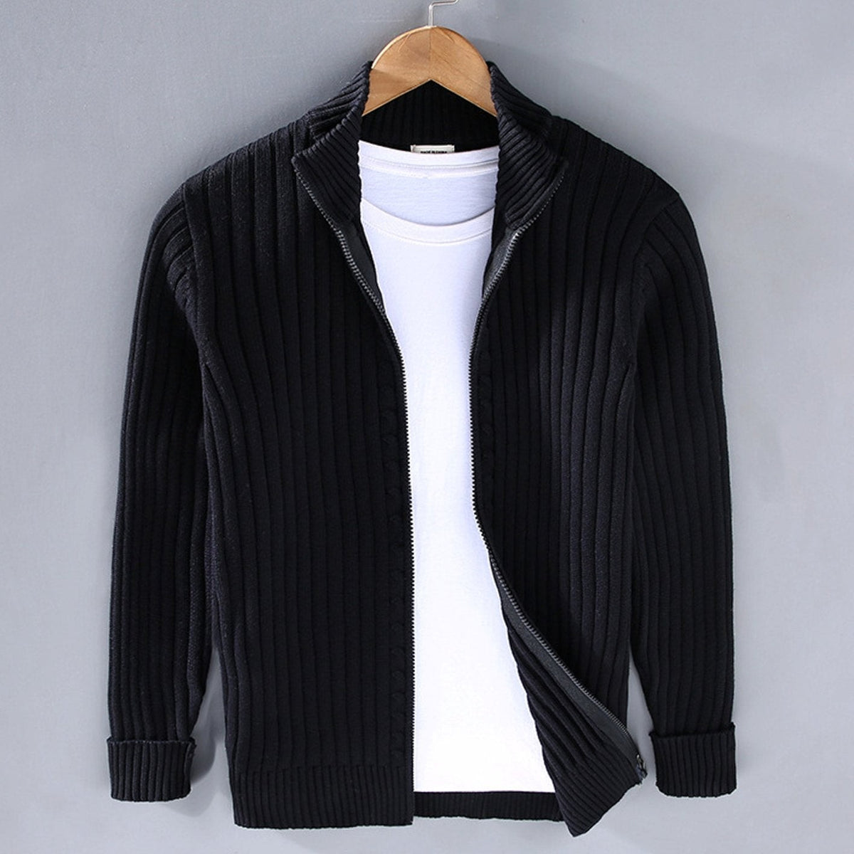 Hugo | Men's Relaxed-Fit Stand-Collar Full-Zip Ribbed Cardigan - Black