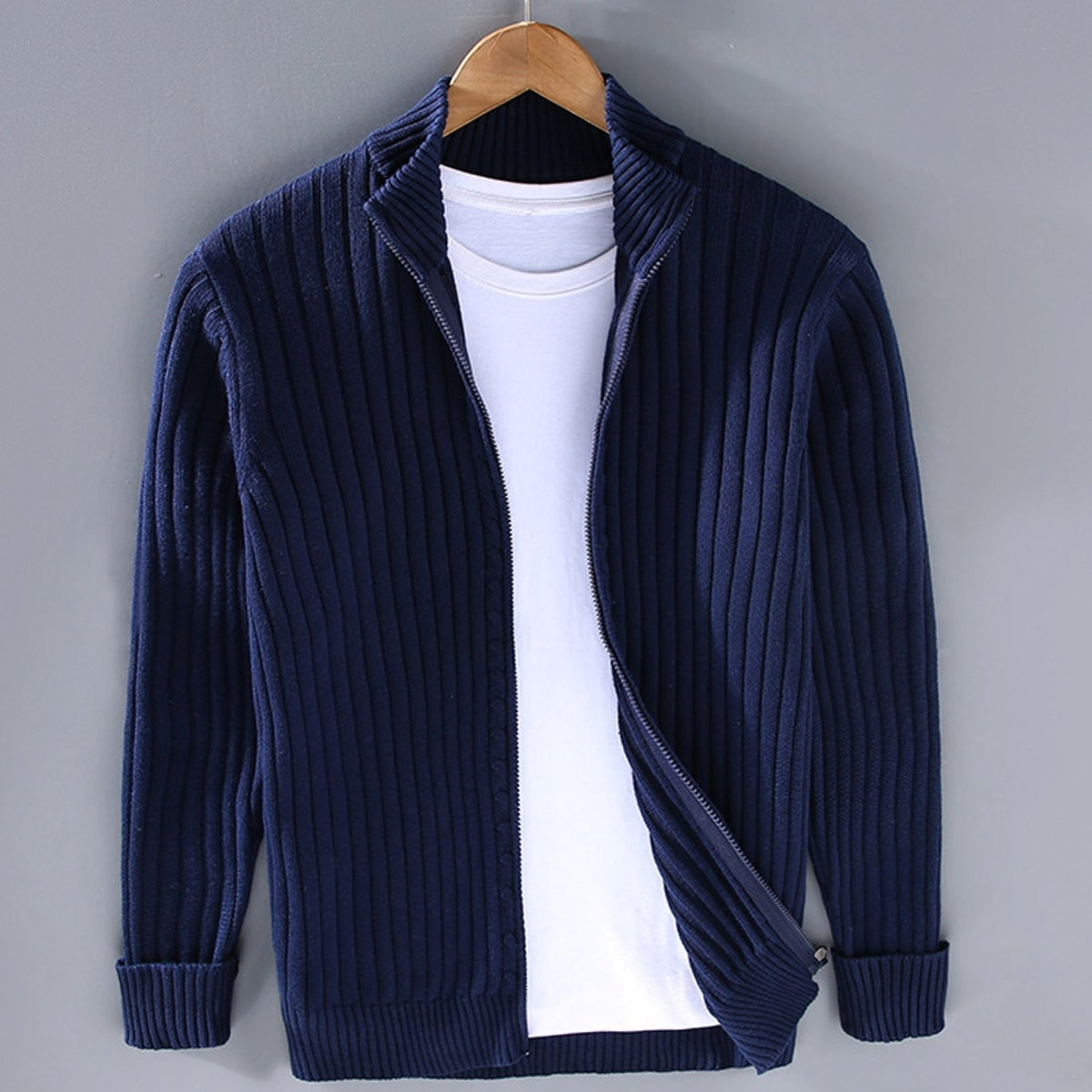 Hugo | Men's Relaxed-Fit Stand-Collar Full-Zip Ribbed Cardigan - Blue