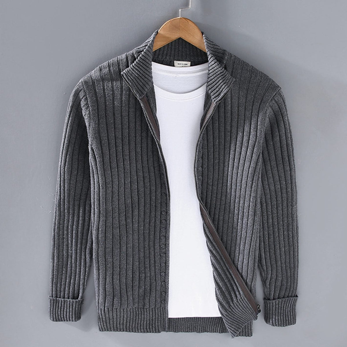 Hugo | Men's Relaxed-Fit Stand-Collar Full-Zip Ribbed Cardigan - Charcoal