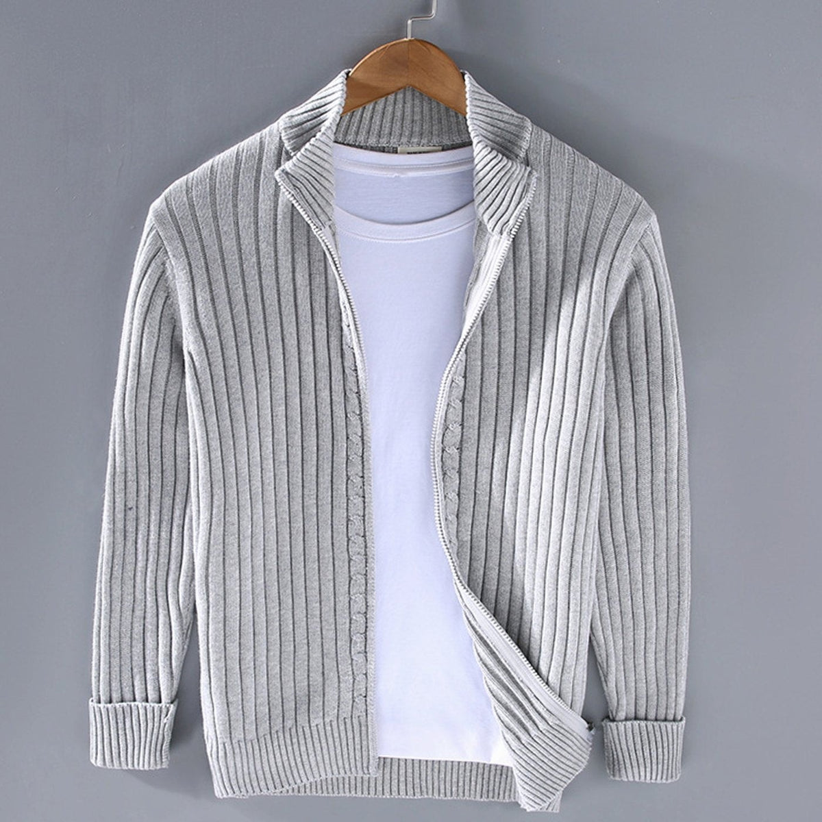 Hugo | Men's Relaxed-Fit Stand-Collar Full-Zip Ribbed Cardigan - Grey