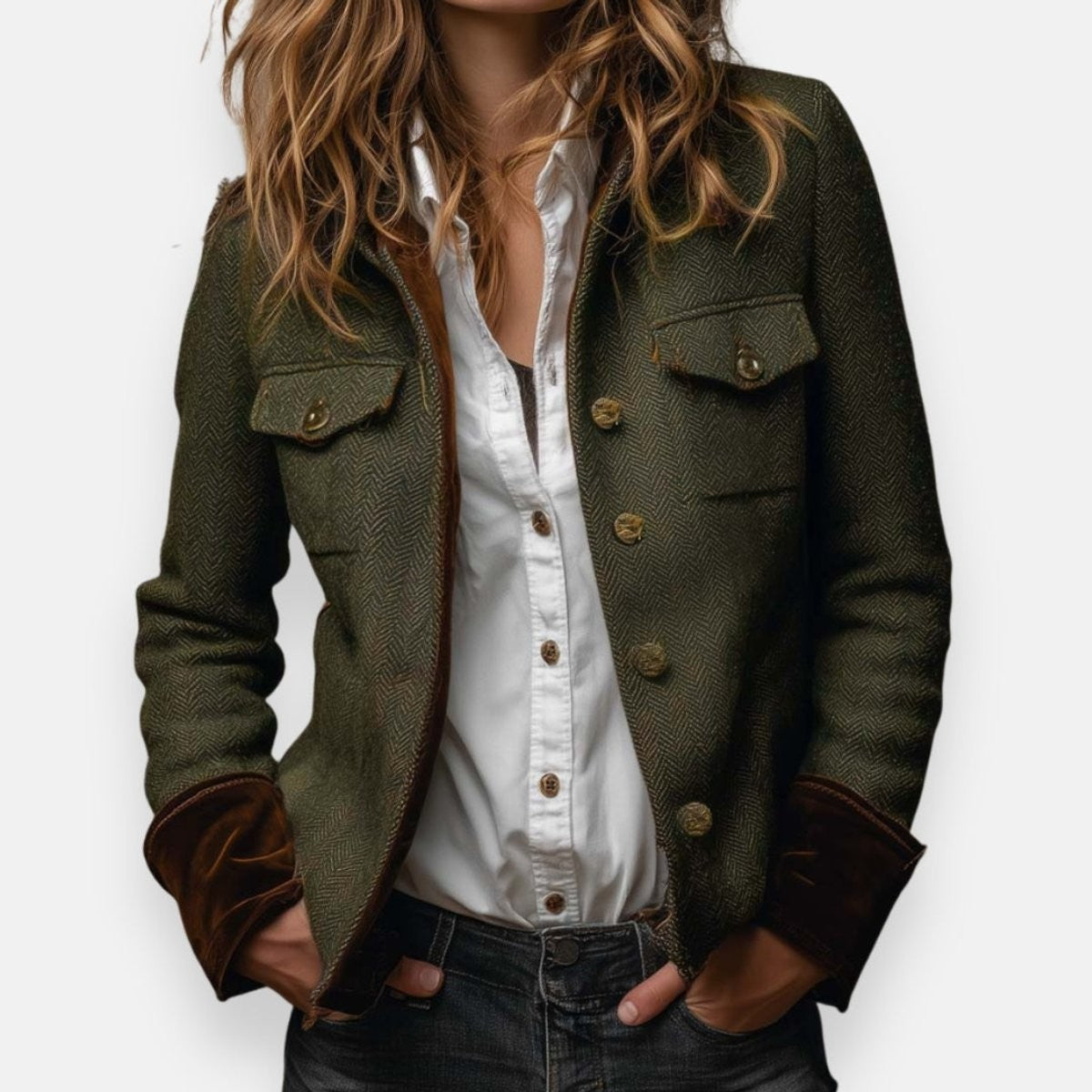 Isla | Women's Herringbone Tweed Gold-Button Military Jacket with Velvet Cuff Trim - Green