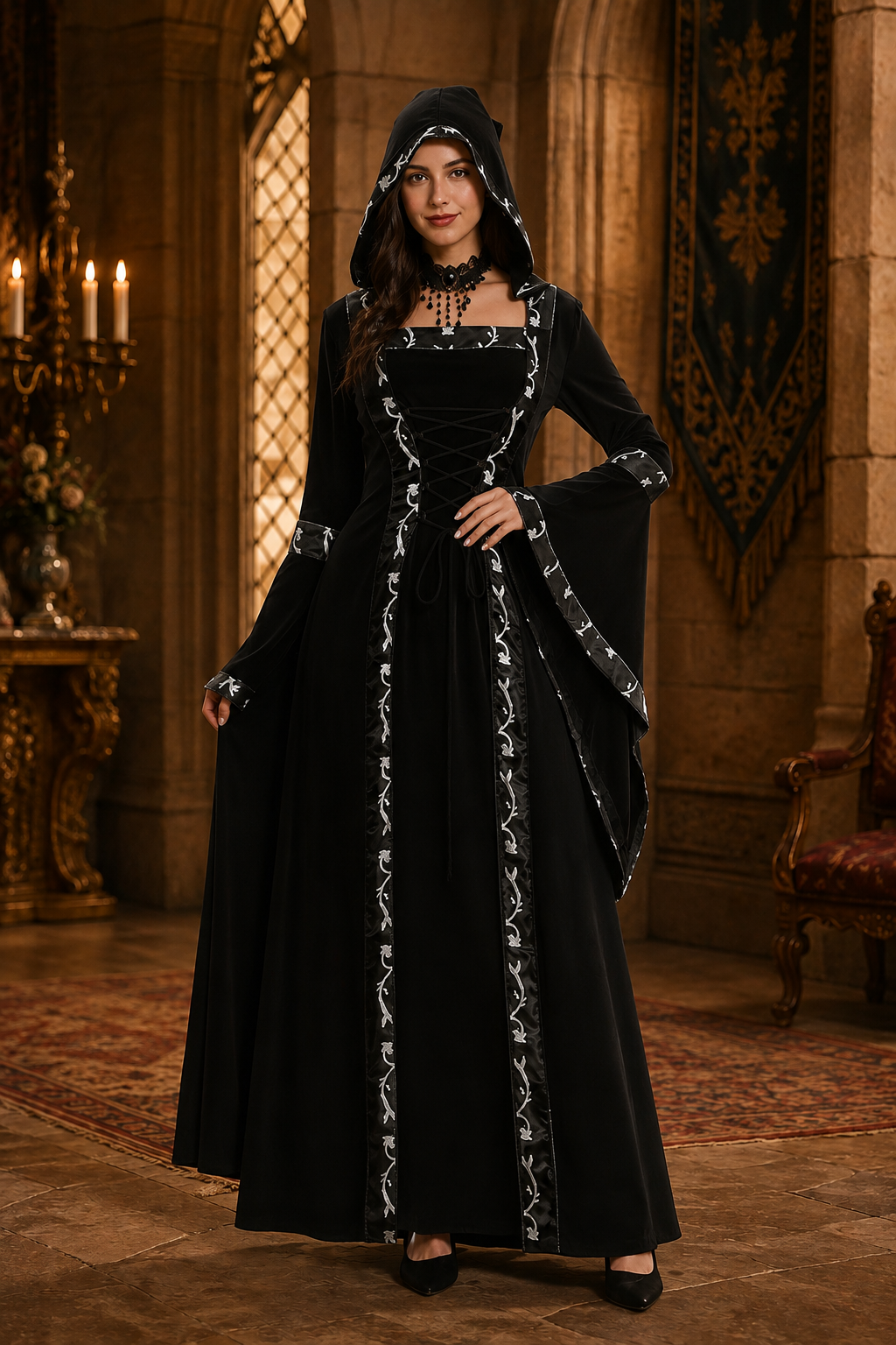 Isla | Women's Hooded Square-Neck Lace-Up Bell-Sleeve Medieval Costume Dress - Black