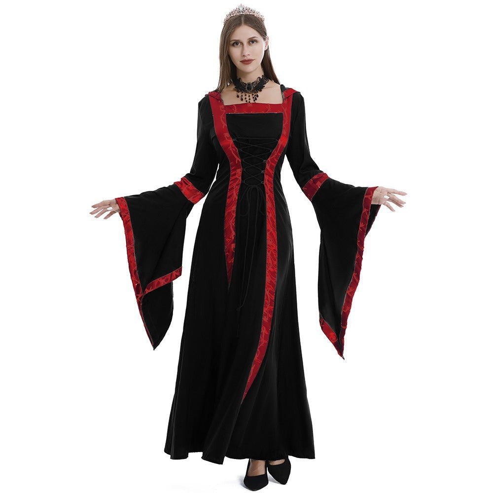 Isla | Women's Hooded Square-Neck Lace-Up Bell-Sleeve Medieval Costume Dress - Black / Red