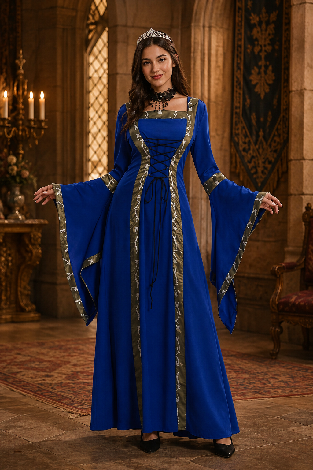 Isla | Women's Hooded Square-Neck Lace-Up Bell-Sleeve Medieval Costume Dress - Blue