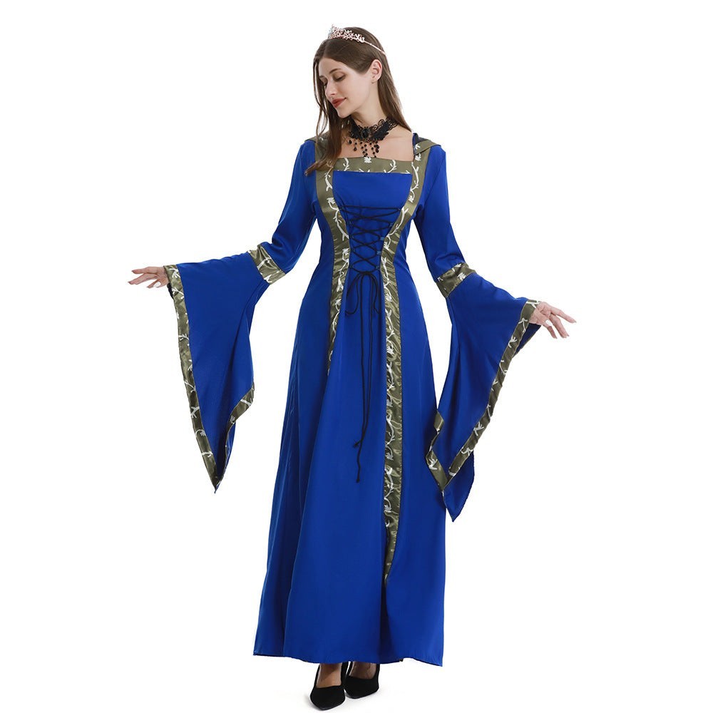 Isla | Women's Hooded Square-Neck Lace-Up Bell-Sleeve Medieval Costume Dress - Blue