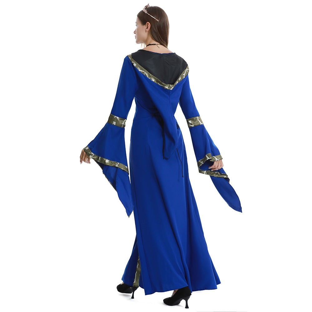 Isla | Women's Hooded Square-Neck Lace-Up Bell-Sleeve Medieval Costume Dress - Blue