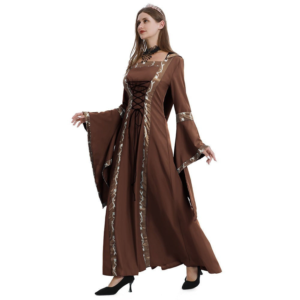 Isla | Women's Hooded Square-Neck Lace-Up Bell-Sleeve Medieval Costume Dress - Khaki