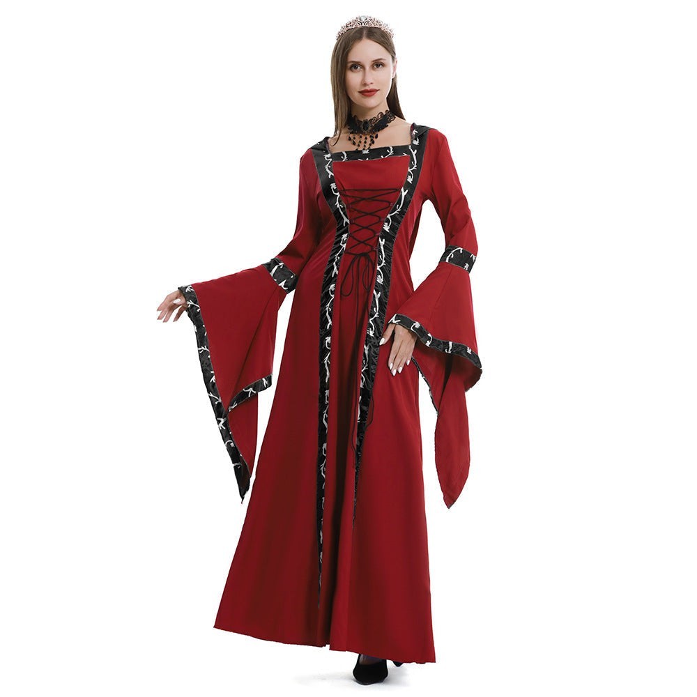 Isla | Women's Hooded Square-Neck Lace-Up Bell-Sleeve Medieval Costume Dress - Red