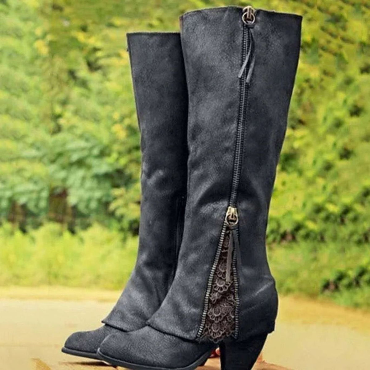Isla | Women's Knee-High Side-Zip Block-Heel Boots with Lace Detail - Black