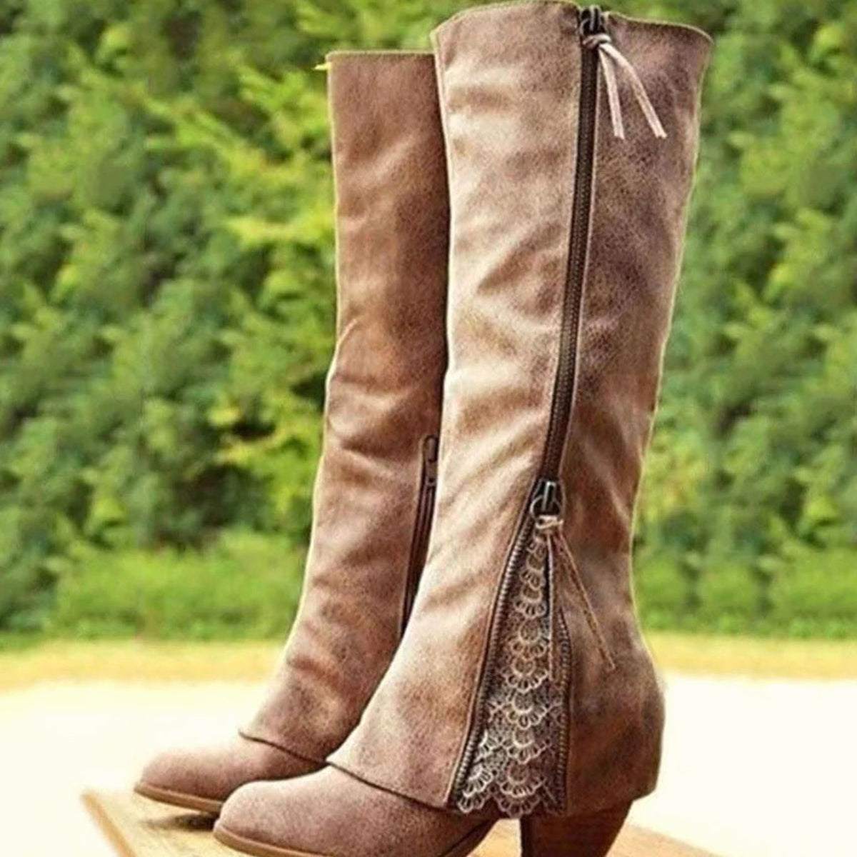Isla | Women's Knee-High Side-Zip Block-Heel Boots with Lace Detail - Brown