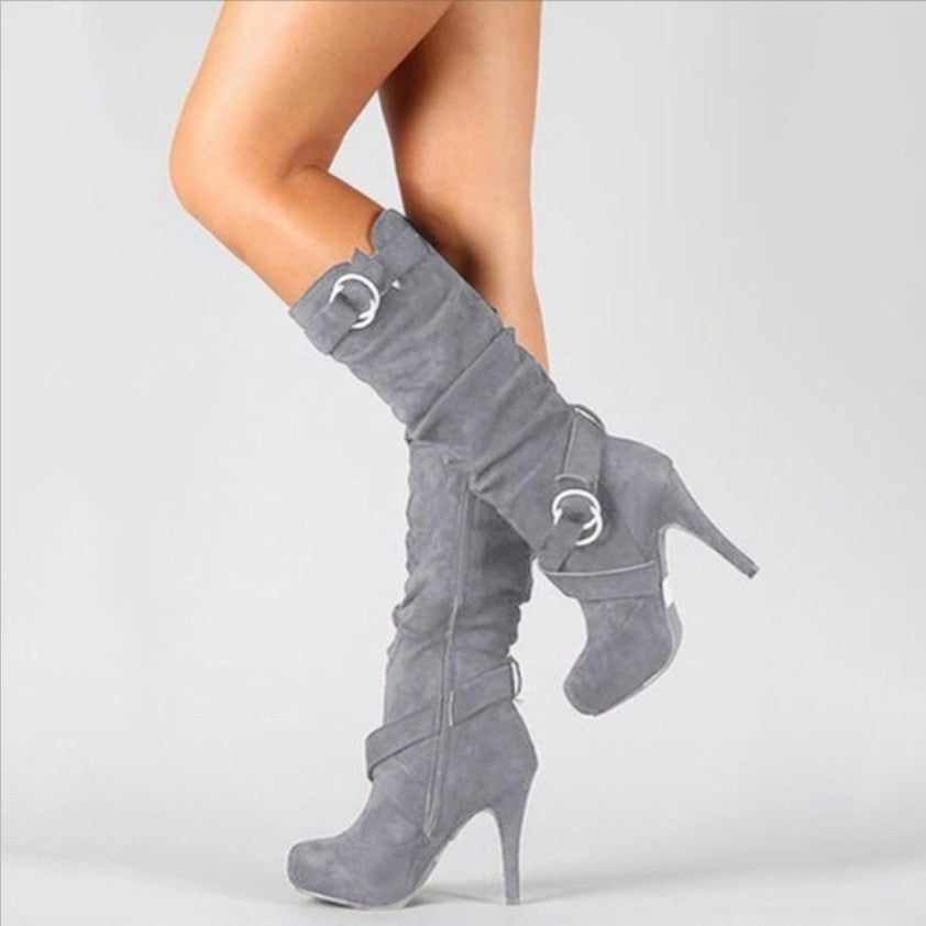 Isla | Women's Tall Buckle-Strap High-Heel Knee Boot - Grey
