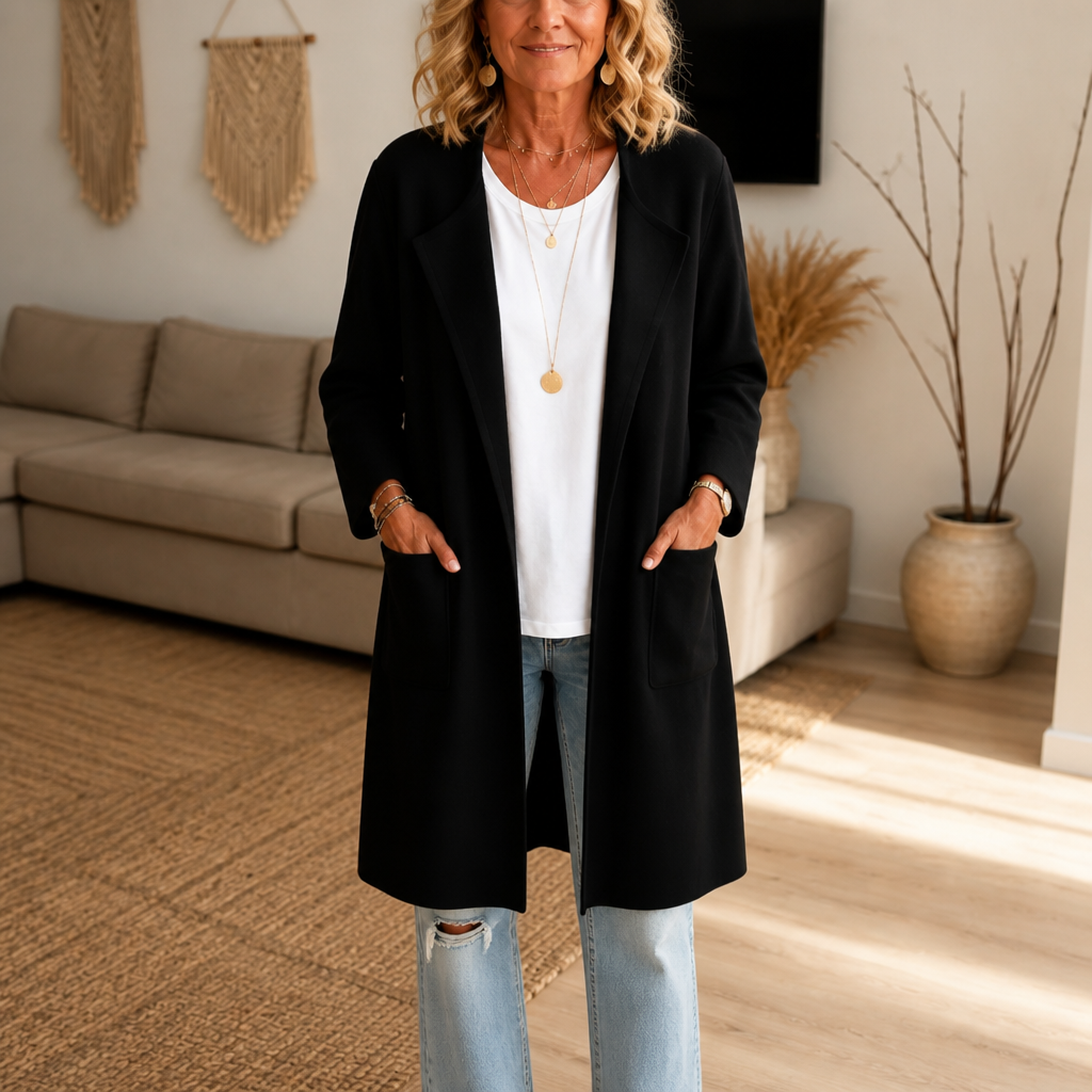 Ivy | Women's Longline Open-Front Lapel Collar Winter Coat - Black