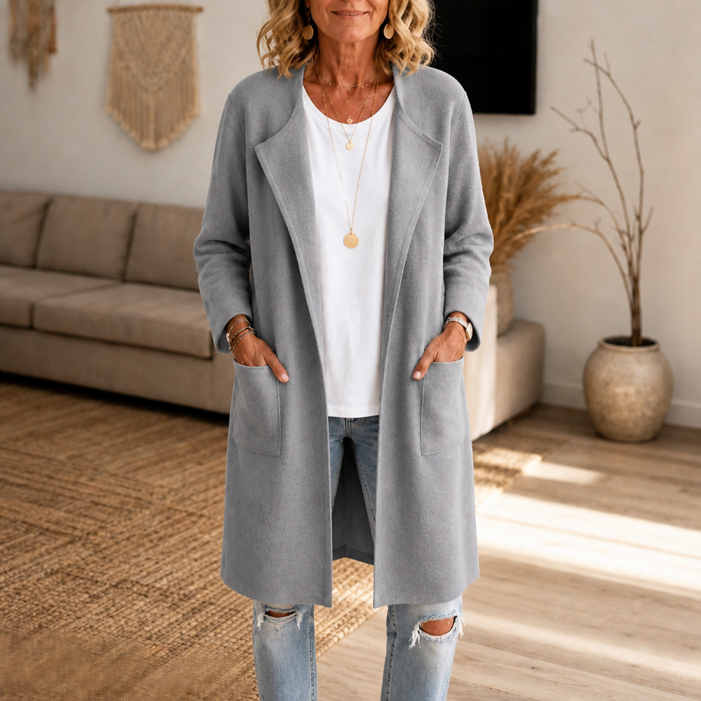 Ivy | Women's Longline Open-Front Lapel Collar Winter Coat - Light Gray