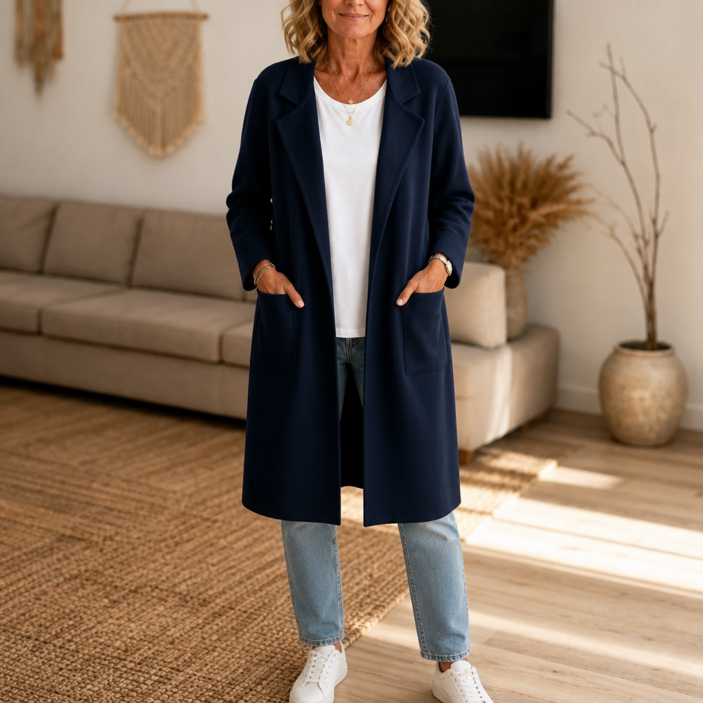 Ivy | Women's Longline Open-Front Lapel Collar Winter Coat - Navy Blue