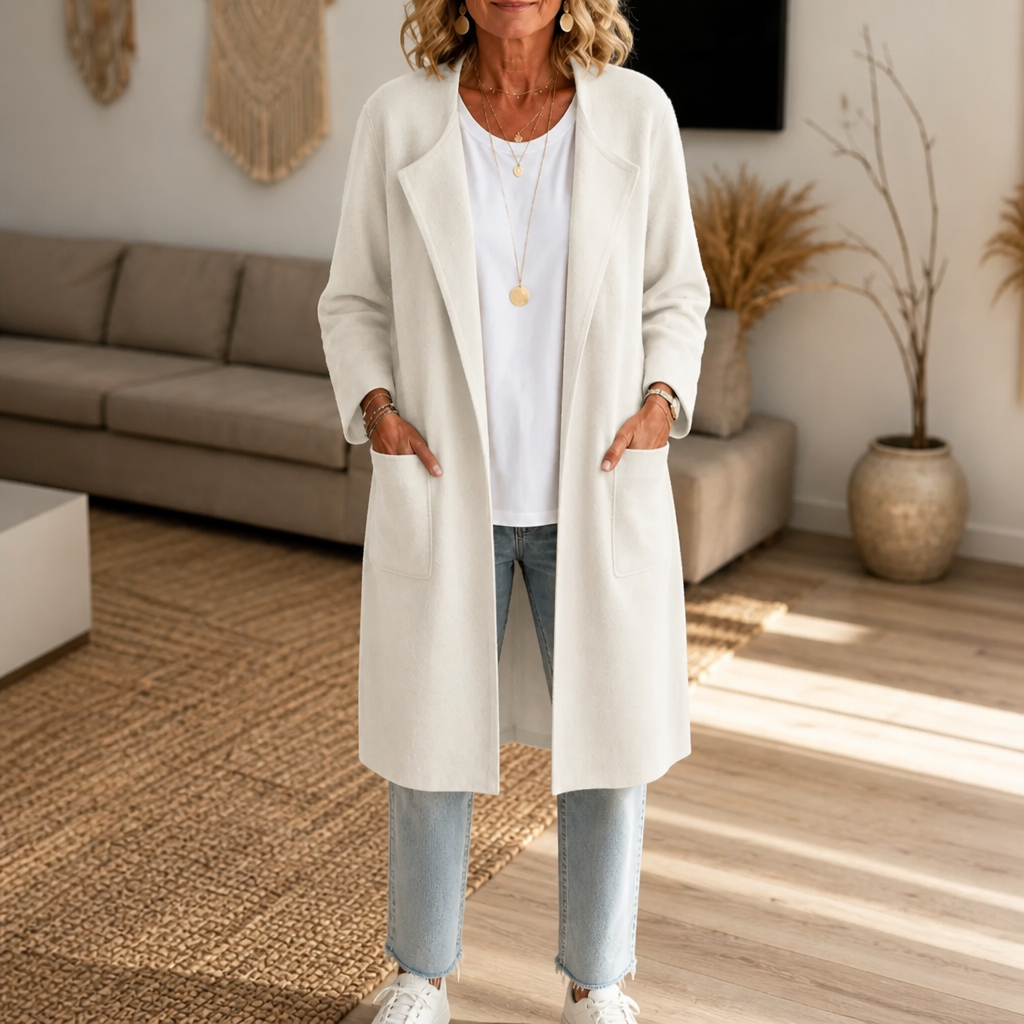 Ivy | Women's Longline Open-Front Lapel Collar Winter Coat - White