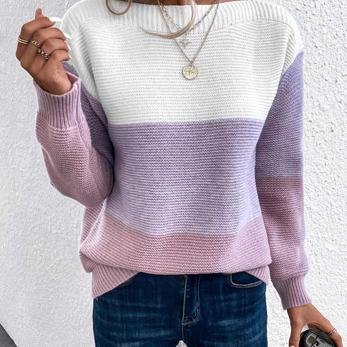 Ivy | Women's Oversized Drop-Shoulder Colour-Block Knit Sweater - Light Purple
