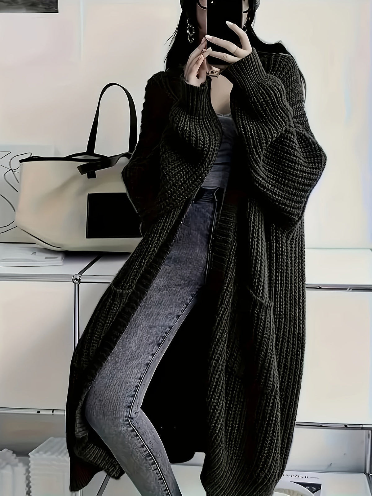 Ivy | Women's Oversized Longline Ribbed Knit Cardigan - Black