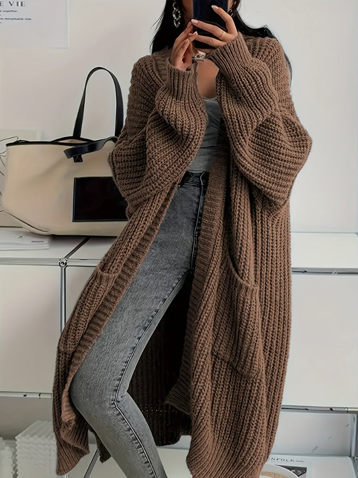 Ivy | Women's Oversized Longline Ribbed Knit Cardigan - Brown