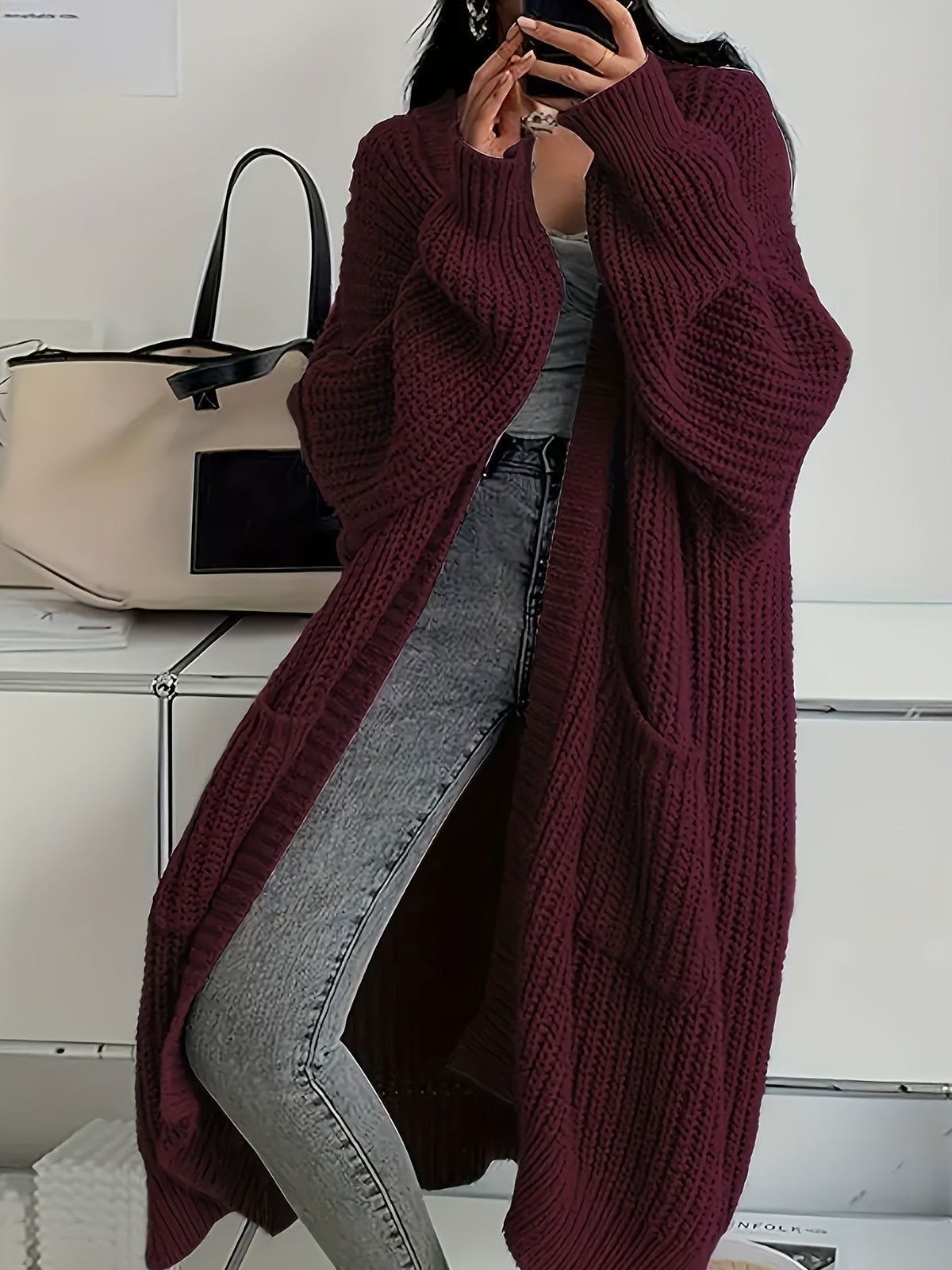 Ivy | Women's Oversized Longline Ribbed Knit Cardigan - Crimson Red