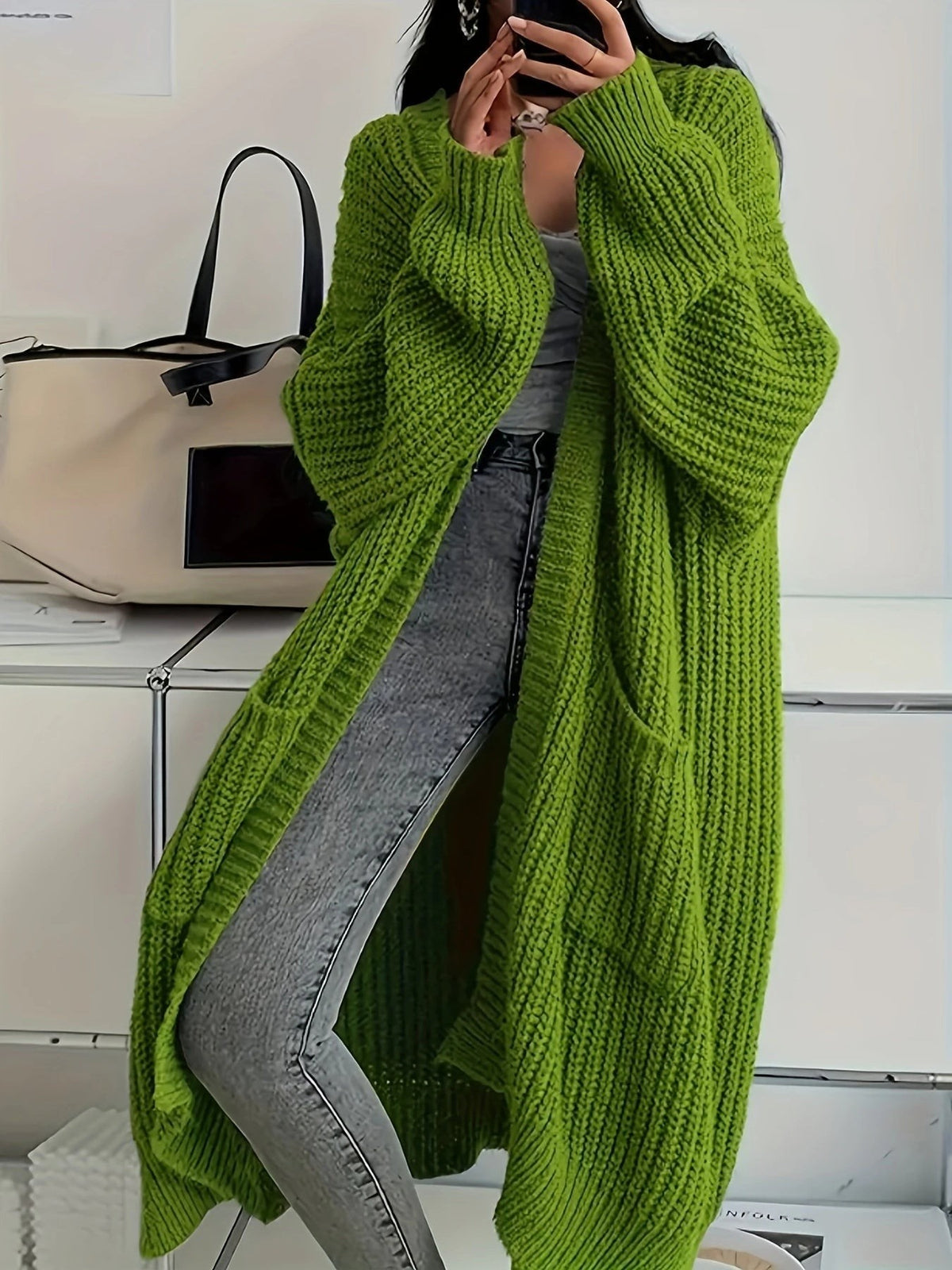 Ivy | Women's Oversized Longline Ribbed Knit Cardigan - Green