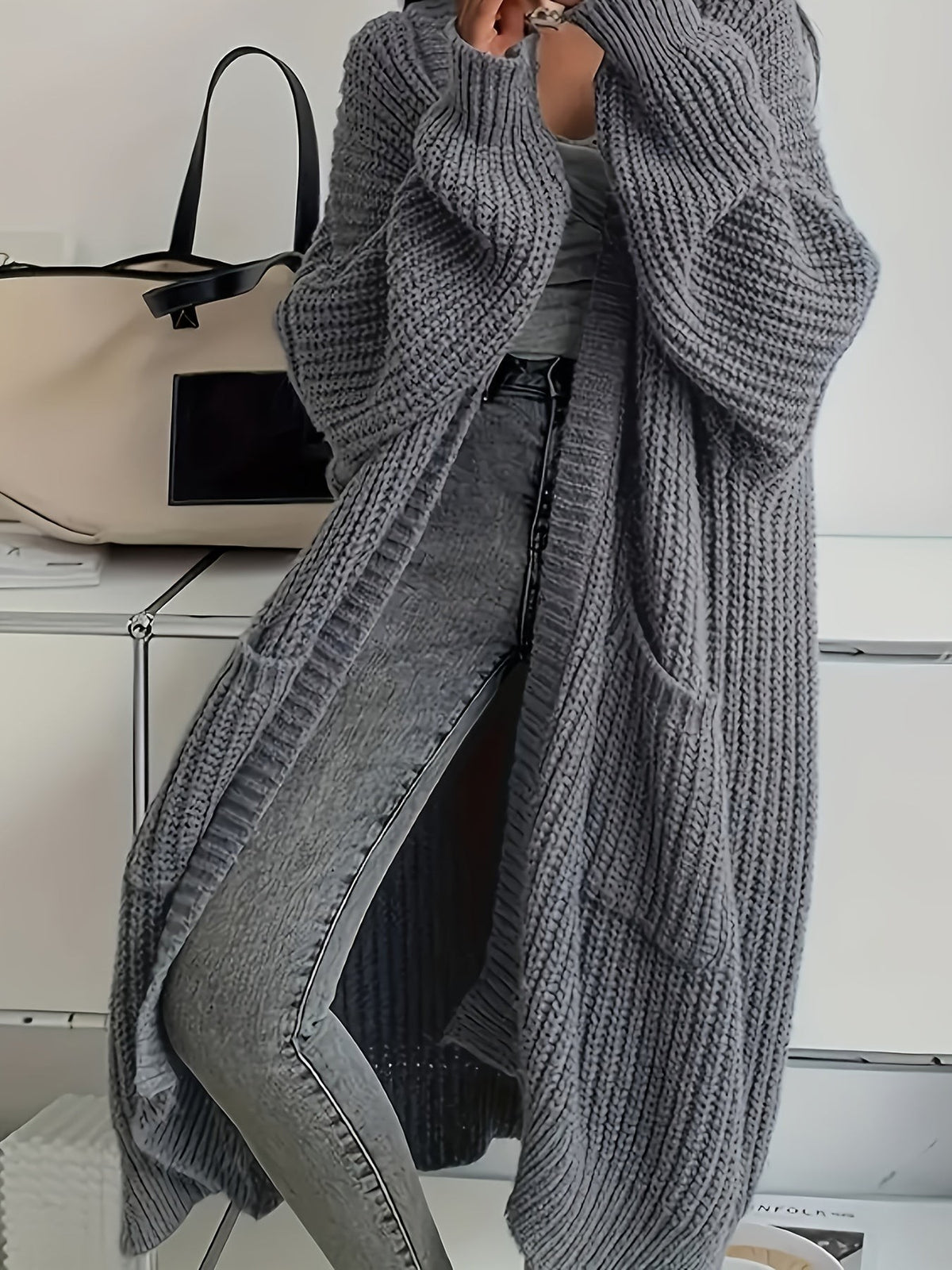 Ivy | Women's Oversized Longline Ribbed Knit Cardigan - Light Gray