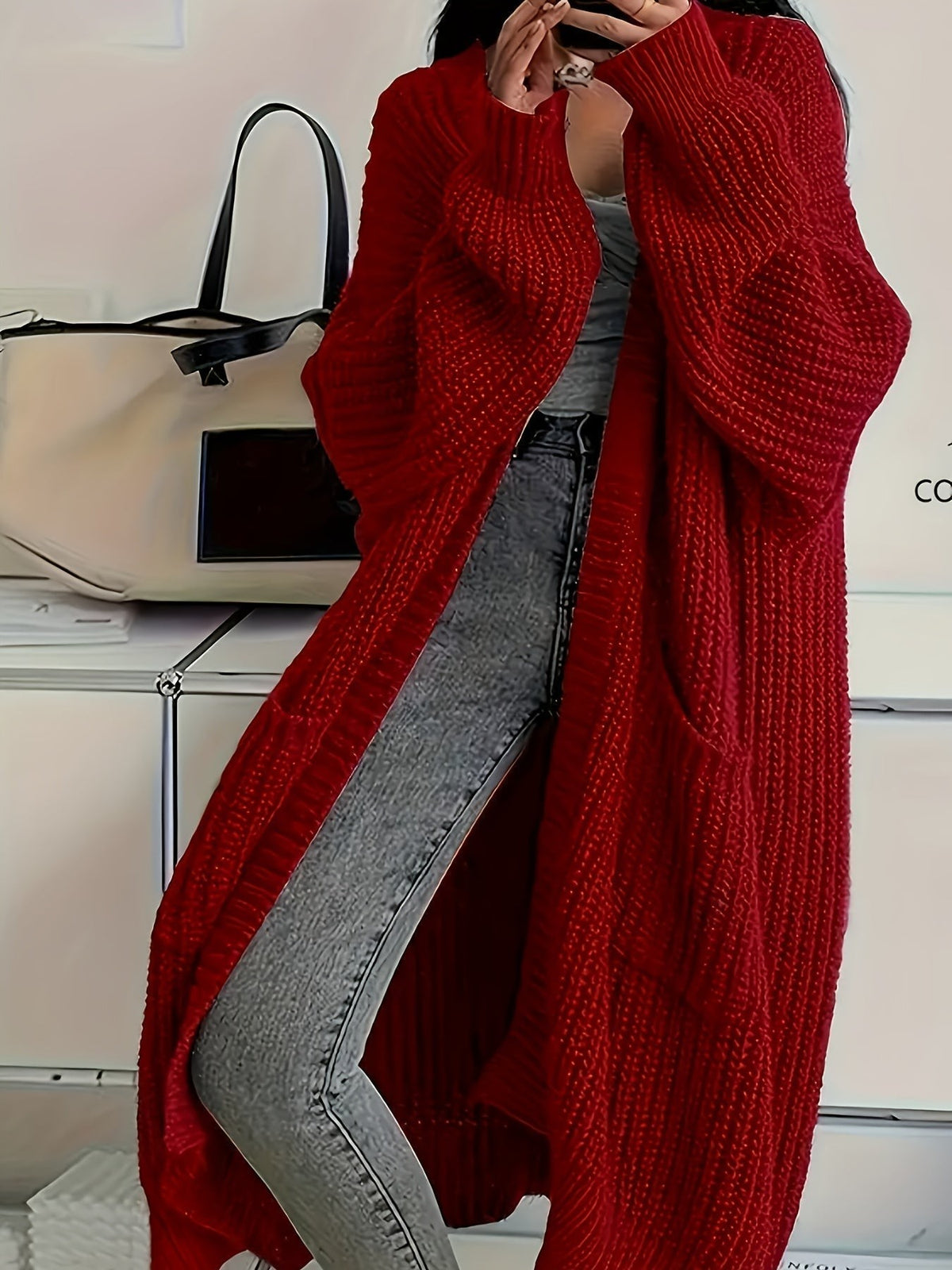 Ivy | Women's Oversized Longline Ribbed Knit Cardigan - Red