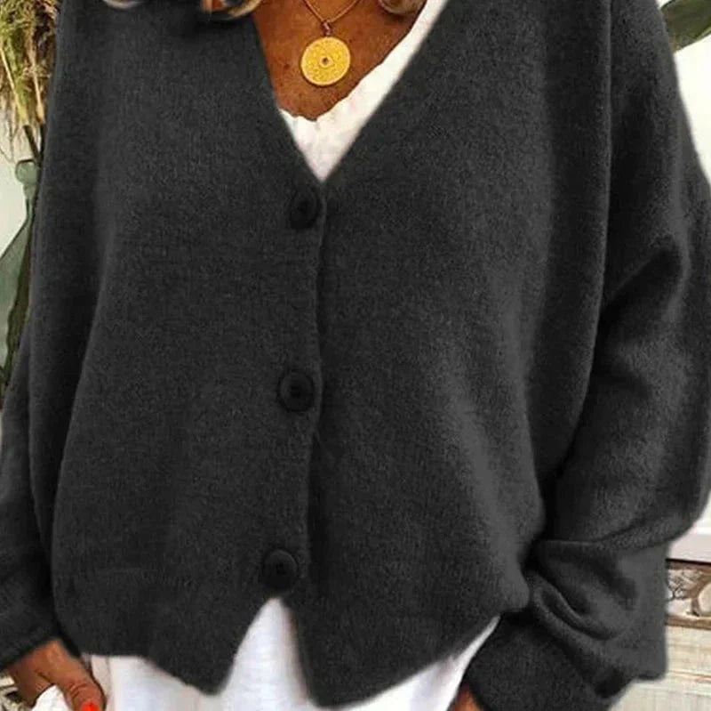 Ivy | Women's Relaxed V-Neck Button-Front Knit Cardigan - Black