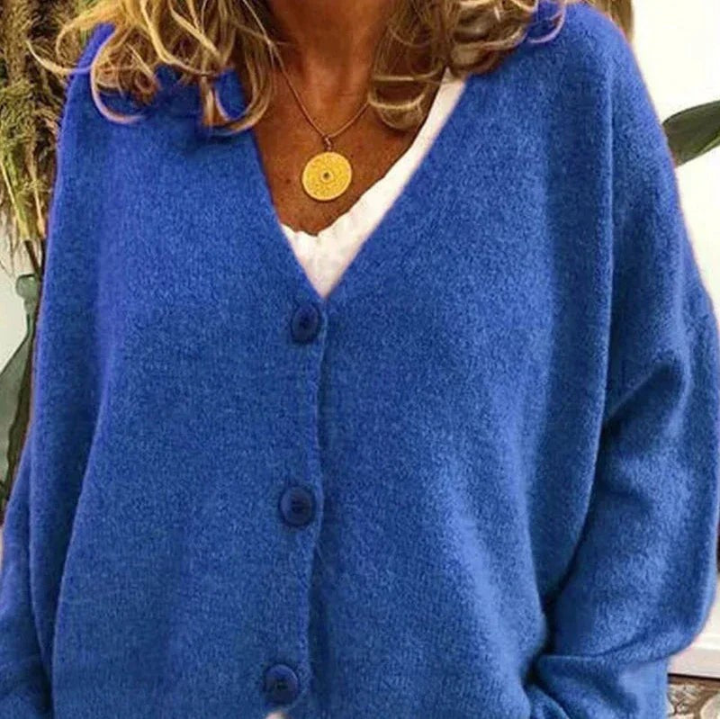 Ivy | Women's Relaxed V-Neck Button-Front Knit Cardigan - Blue