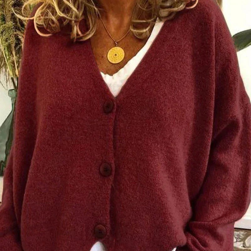 Ivy | Women's Relaxed V-Neck Button-Front Knit Cardigan - Burgundy