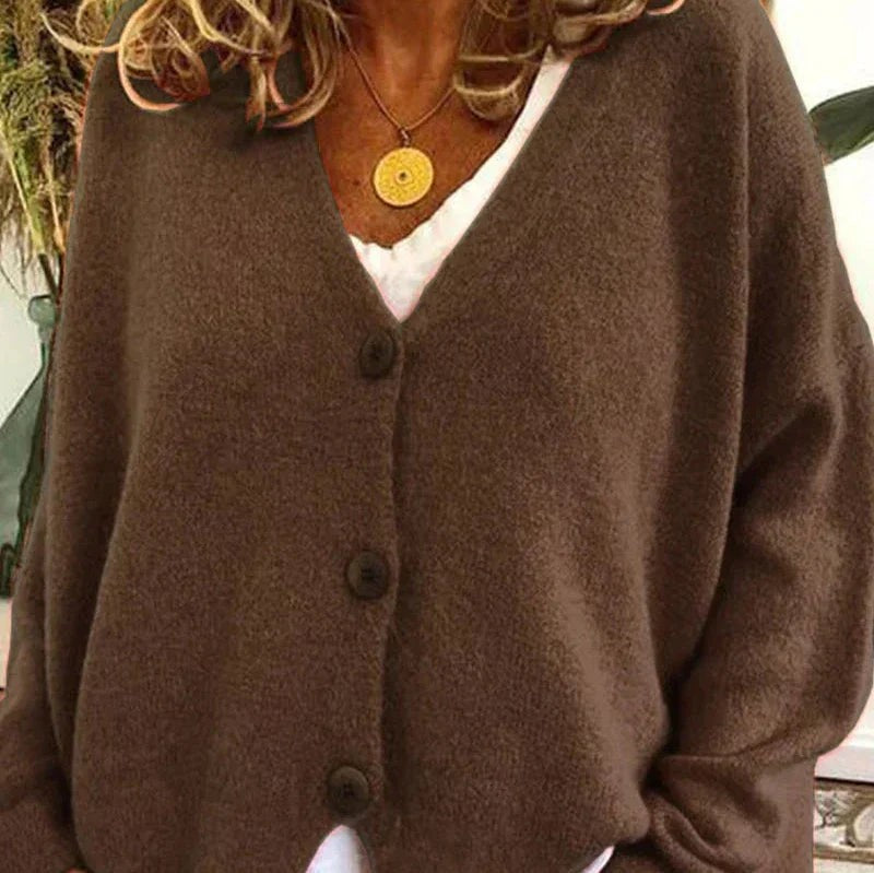 Ivy | Women's Relaxed V-Neck Button-Front Knit Cardigan - Coffee