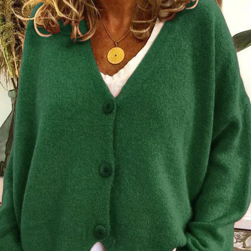 Ivy | Women's Relaxed V-Neck Button-Front Knit Cardigan - Dark Green