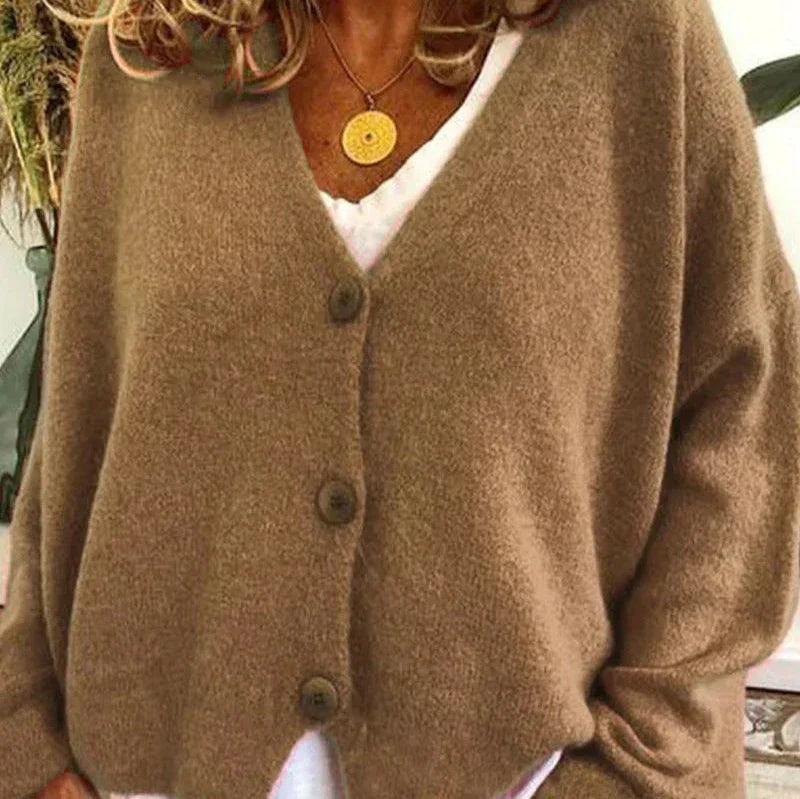 Ivy | Women's Relaxed V-Neck Button-Front Knit Cardigan - Khaki