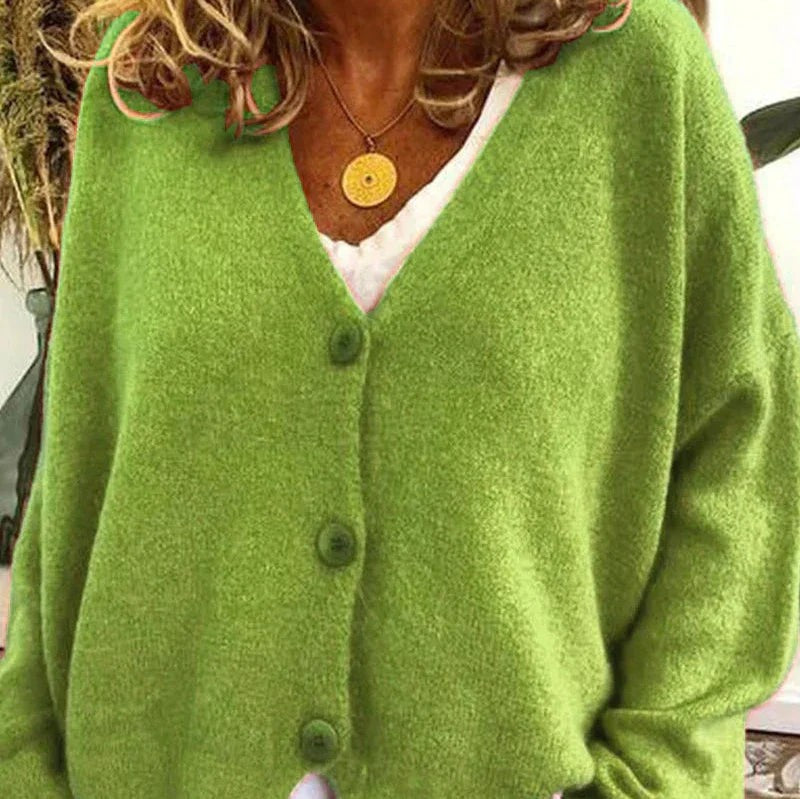 Ivy | Women's Relaxed V-Neck Button-Front Knit Cardigan - Light Green