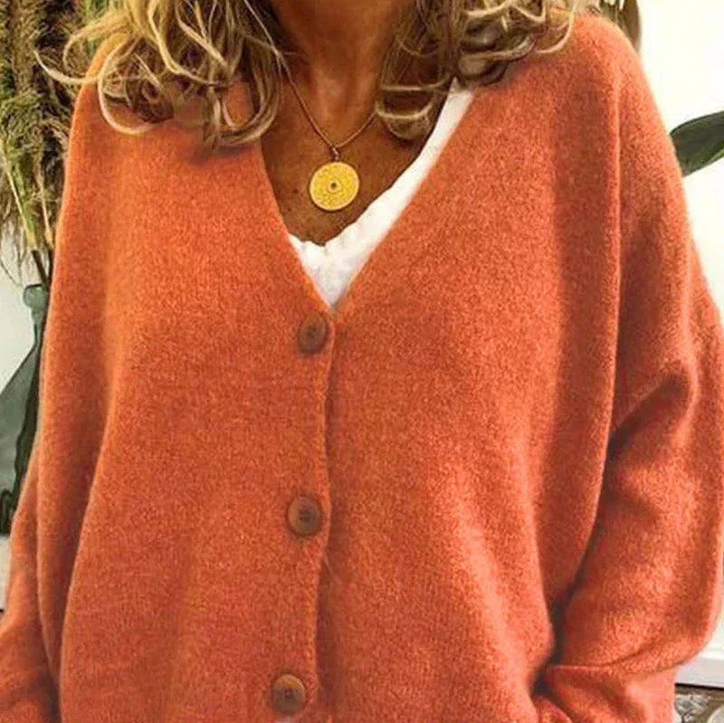 Ivy | Women's Relaxed V-Neck Button-Front Knit Cardigan - Orange