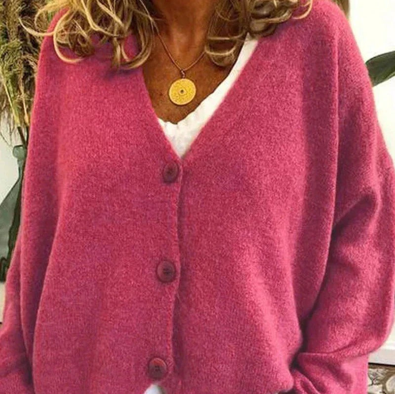 Ivy | Women's Relaxed V-Neck Button-Front Knit Cardigan - Pink