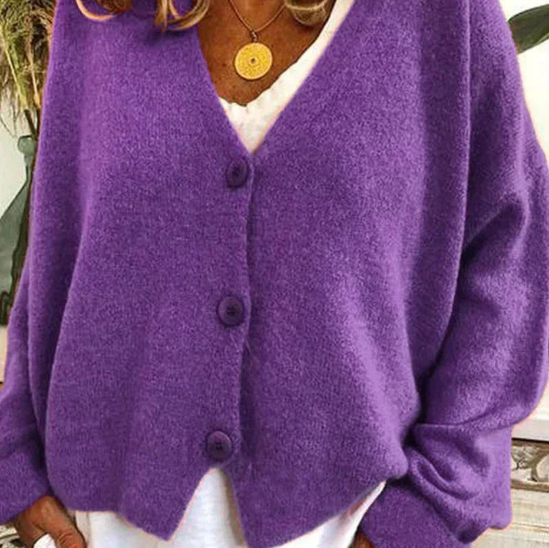 Ivy | Women's Relaxed V-Neck Button-Front Knit Cardigan - Purple