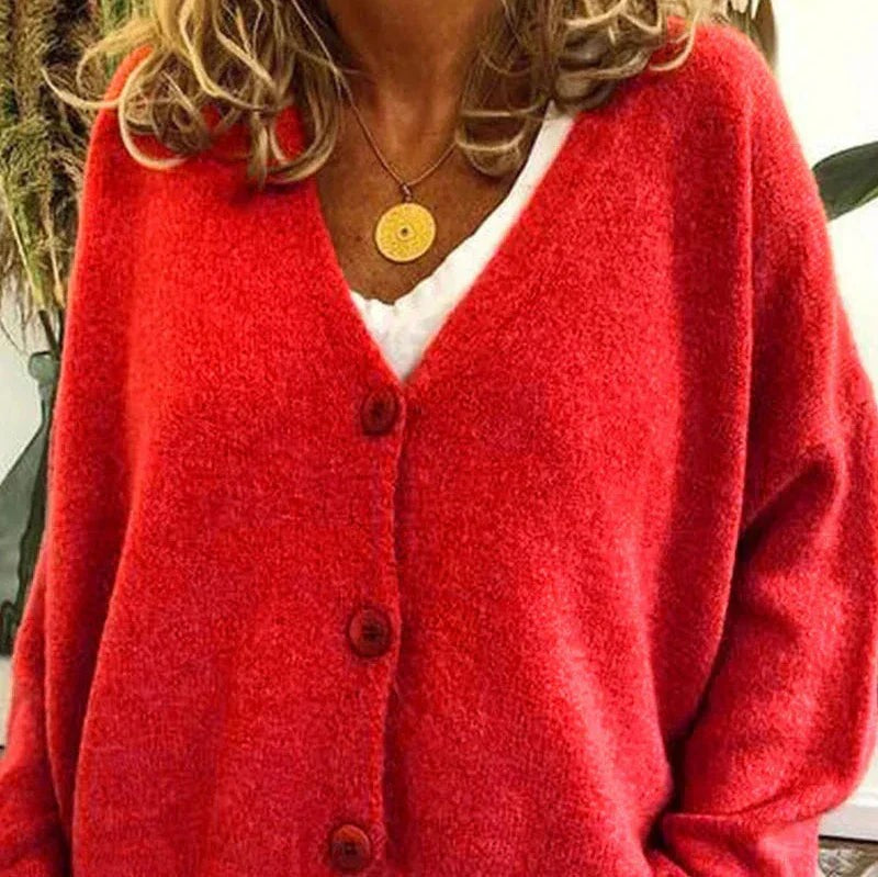 Ivy | Women's Relaxed V-Neck Button-Front Knit Cardigan - Red