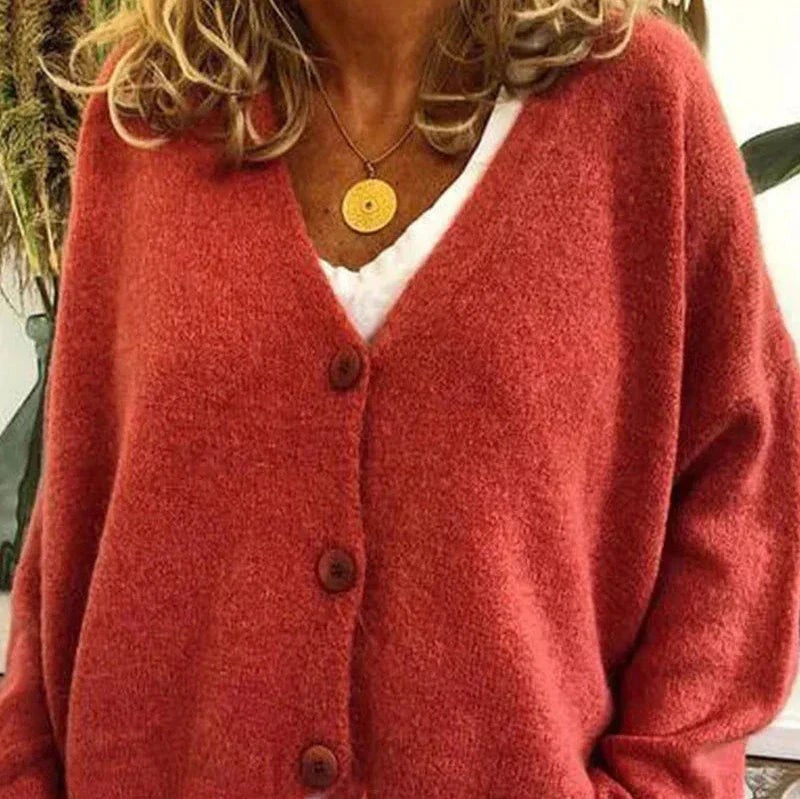 Ivy | Women's Relaxed V-Neck Button-Front Knit Cardigan - Tangerine Orange