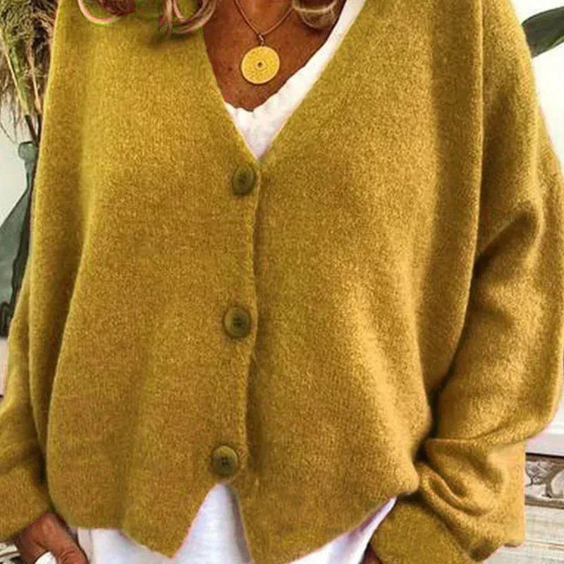 Ivy | Women's Relaxed V-Neck Button-Front Knit Cardigan - Yellow