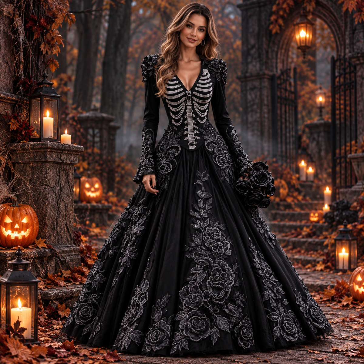 Ivy | Women's Skeleton Ribcage Embroidered V-Neck Long-Sleeve A-Line Gown - Black