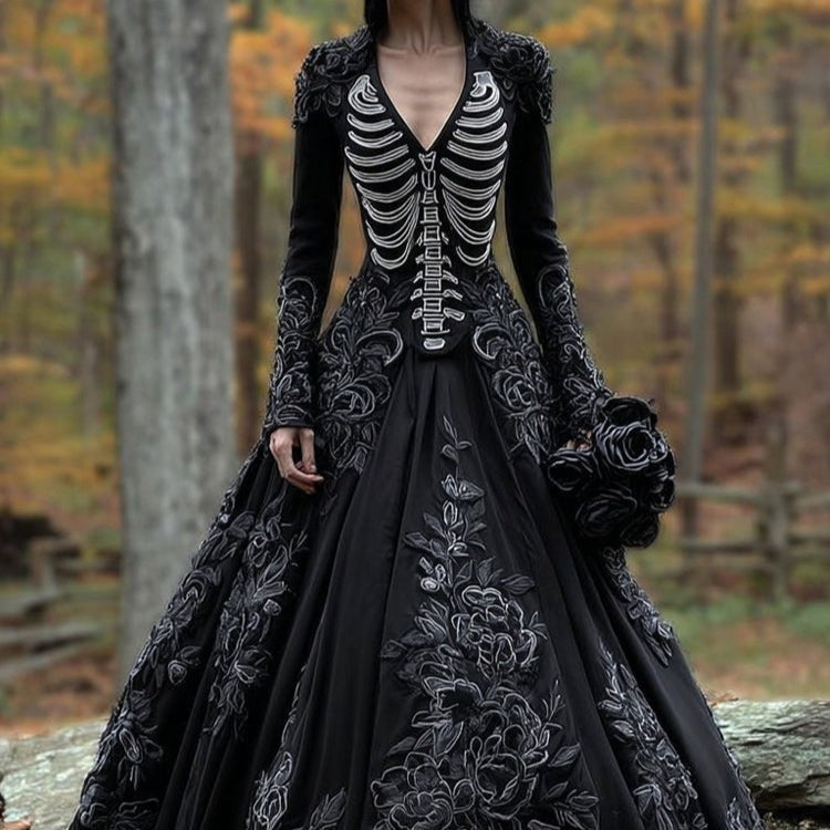 Ivy | Women's Skeleton Ribcage Embroidered V-Neck Long-Sleeve A-Line Gown - Black
