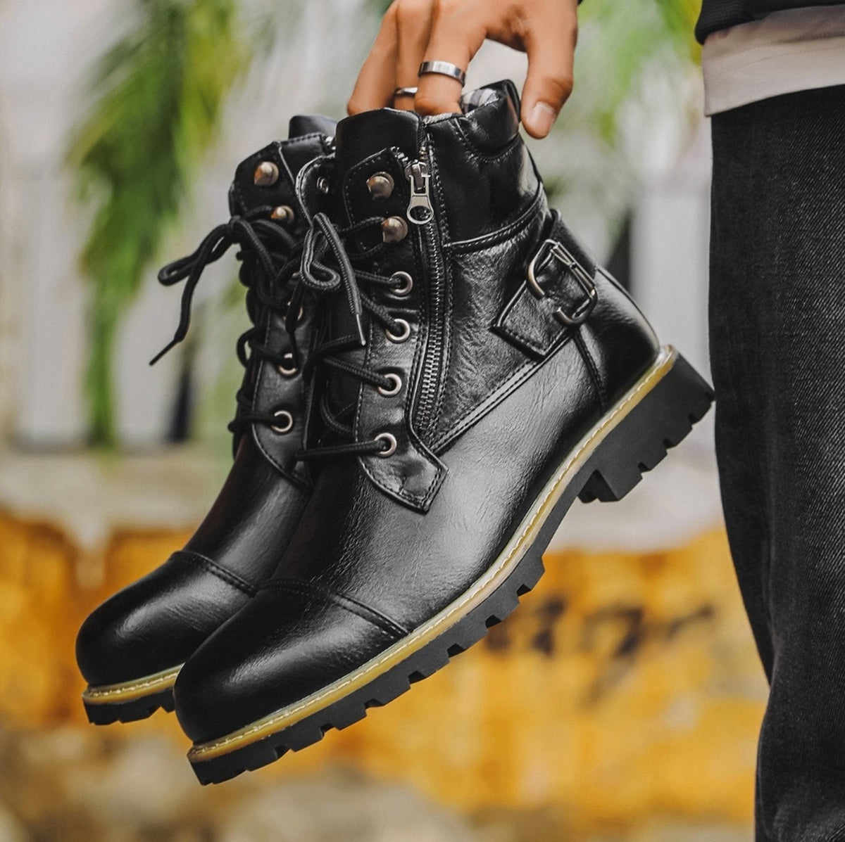 Jasper | Men's Cap-Toe Lace-Up Side-Zip Buckle-Strap Vegan Leather Ankle Boots - Black