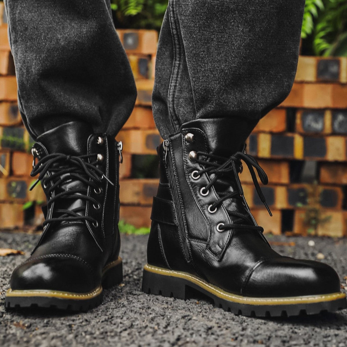 Jasper | Men's Cap-Toe Lace-Up Side-Zip Buckle-Strap Vegan Leather Ankle Boots - Black