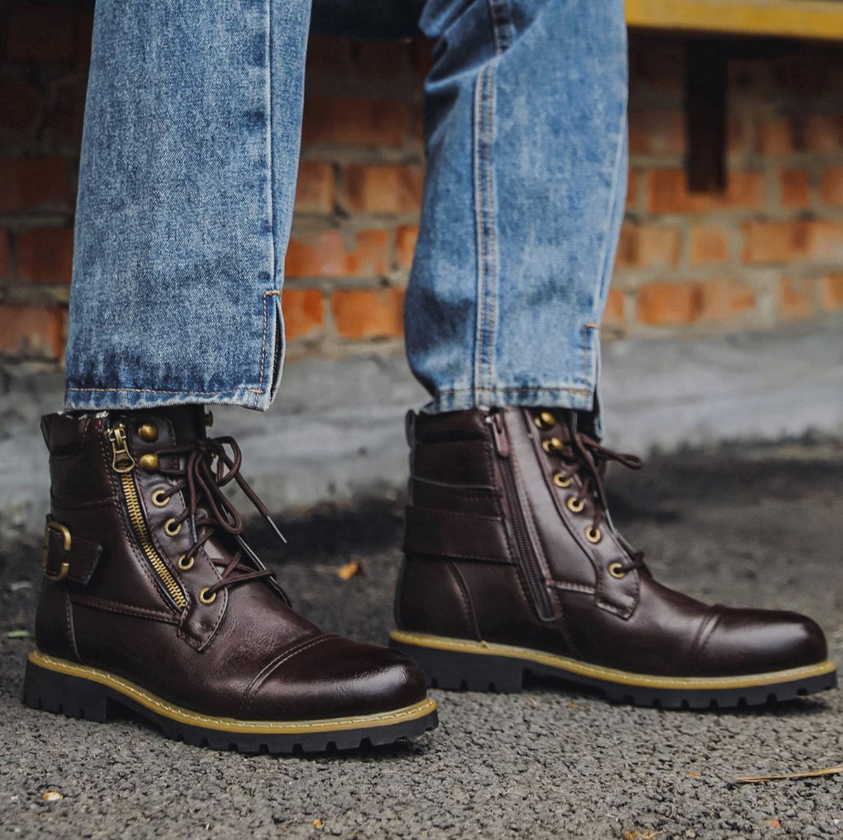 Jasper | Men's Cap-Toe Lace-Up Side-Zip Buckle-Strap Vegan Leather Ankle Boots - Dark Brown