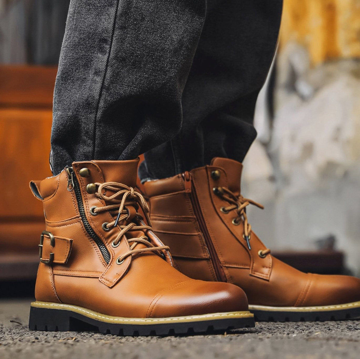 Jasper | Men's Cap-Toe Lace-Up Side-Zip Buckle-Strap Vegan Leather Ankle Boots - Light Brown